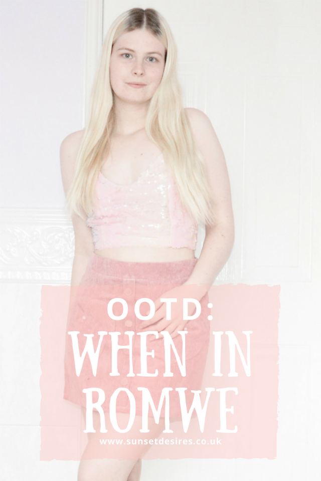OOTD: When In Romwe Banner saying OOTD: When In Romwe with blonde girl wearing a pink sequin crop top and a pink corduroy skirt