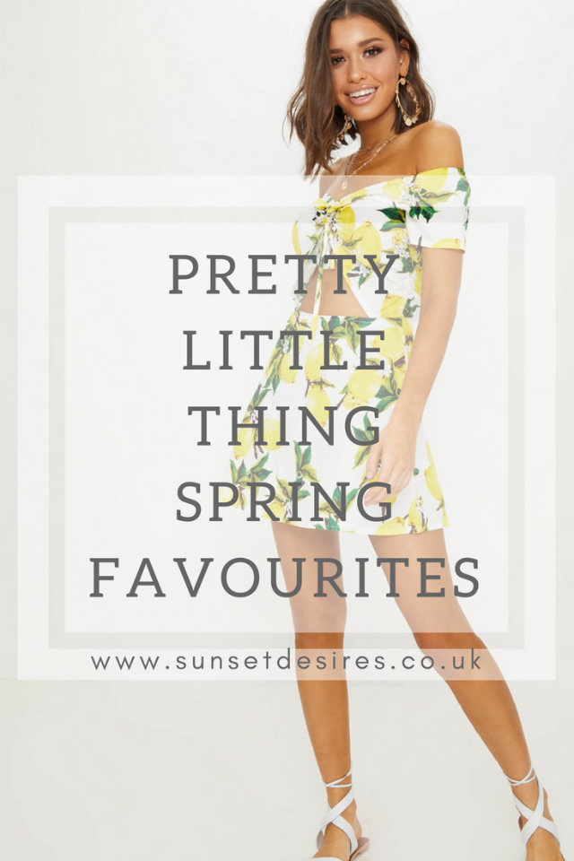 prettylittlething-spring-favourites Banner with Pretty Little Thing Spring Favourites Text and a Model in a Lemon Print Dress