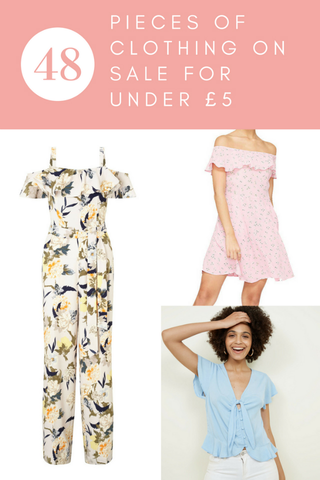 Poster saying 48 Pieces Of Clothing On Sale For Under £5 with 3 items of clothing on.